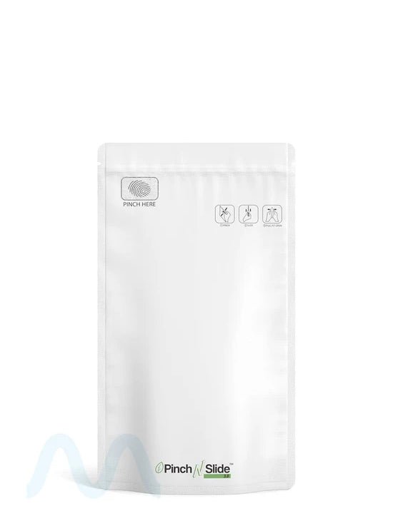 Child Resistant & Tamper Evident | Pinch N Slide 3.0 Matte White PCR Mylar Bags | 5in x 8.8in - 14g - 250 Count - 1