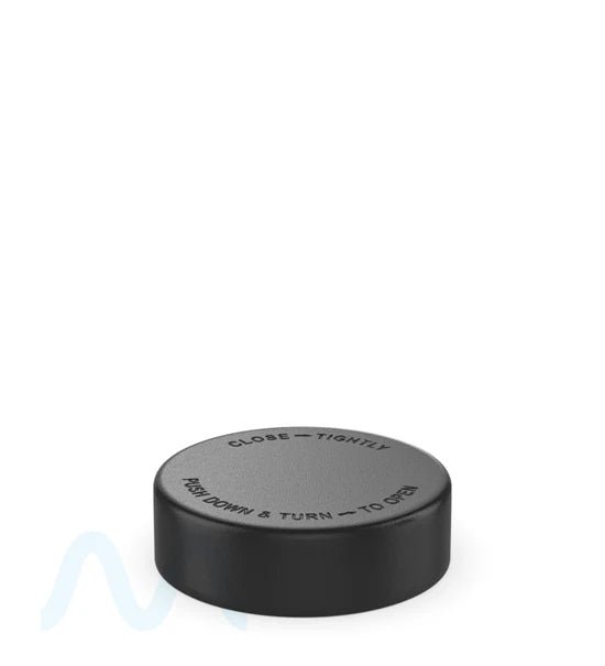 Child Resistant | Smooth Push Down & Turn Plastic PCR Caps w/ Text & Foam Liner | 50mm - Matte Black - 100 Count - 1