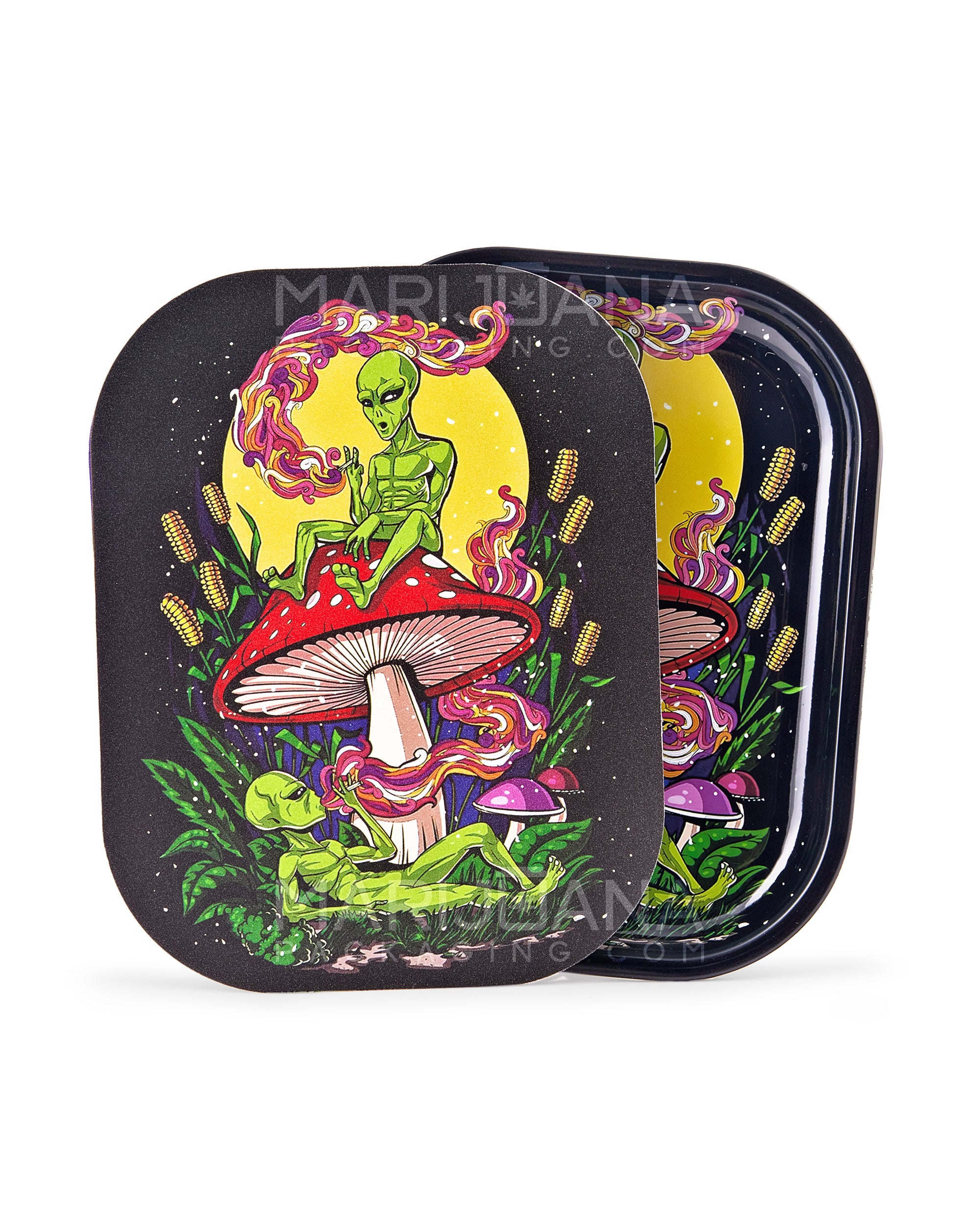 Alien Mushroom Rolling Tray w/ Magnetic Cover | 7in x 5.5in - Mini - Metal - 1