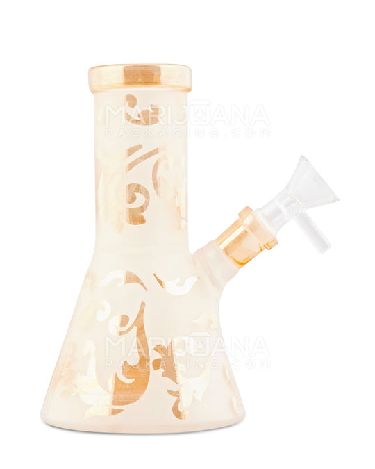 Straight Neck Frosted Leaf Glass Mini Beaker Water Pipe w/ Ice Catcher | 6in Tall - 14mm Bowl - Amber