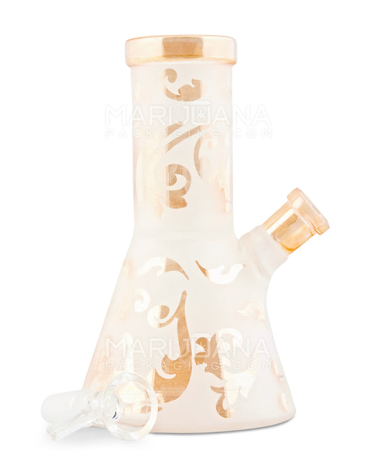 Straight Neck Frosted Leaf Glass Mini Beaker Water Pipe w/ Ice Catcher | 6in Tall - 14mm Bowl - Amber