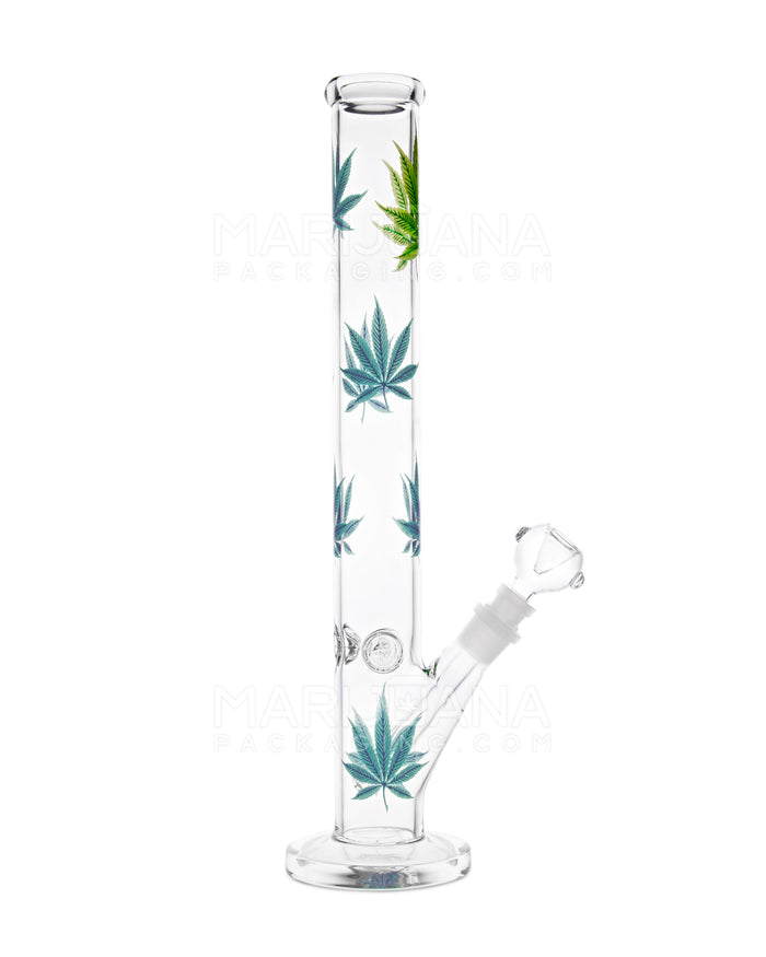 Straight Neck Leaf Decal Glass Straight Shooter Water Pipe w/ Ice Catcher | 14in Tall - 14mm Bowl - Assorted Image