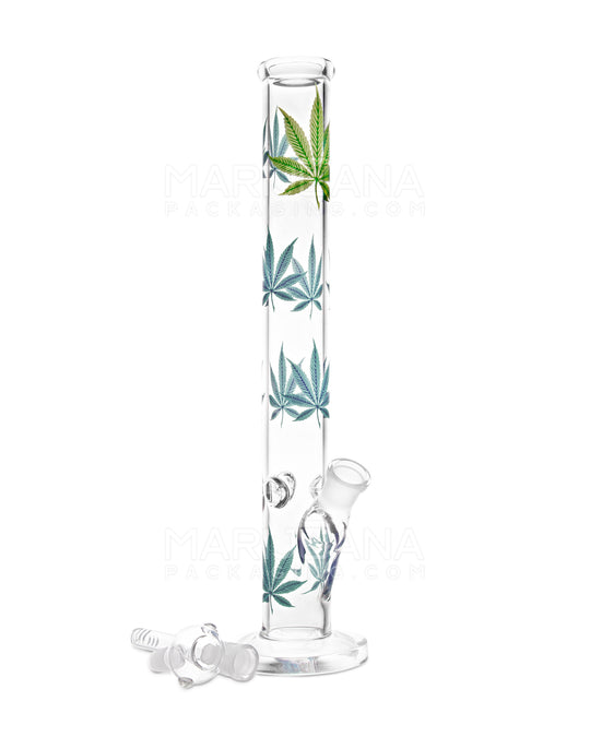 Straight Neck Leaf Decal Glass Straight Shooter Water Pipe w/ Ice Catcher | 14in Tall - 14mm Bowl - Assorted