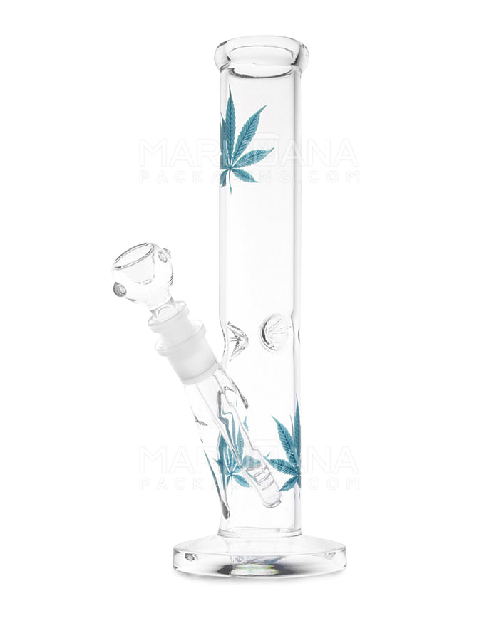 Straight Neck Leaf Decal Glass Straight Shooter Water Pipe w/ Ice Catcher | 10in Tall - 14mm Bowl - Blue Image