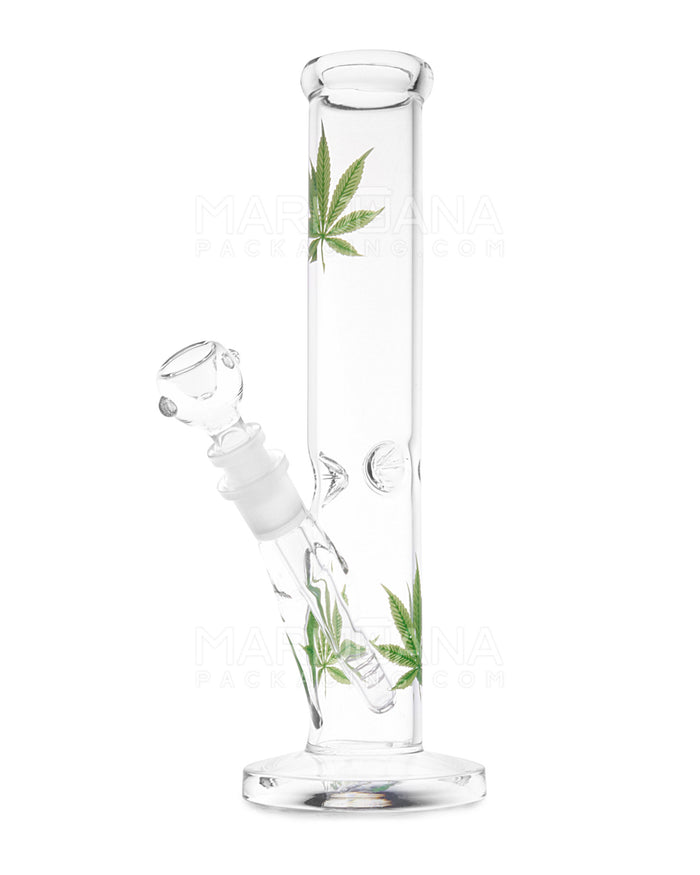 Straight Neck Leaf Decal Glass Straight Shooter Water Pipe w/ Ice Catcher | 10in Tall - 14mm Bowl - Green Image