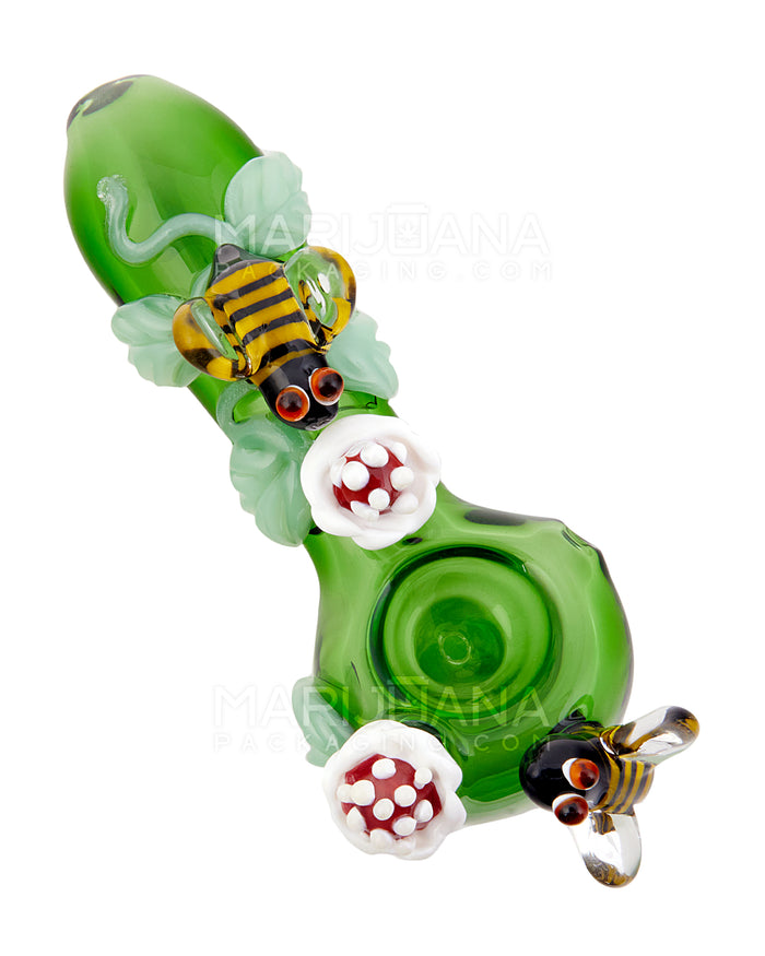 Leaf And Bee Spoon Hand Pipe | 5in Long - Glass - Green Image