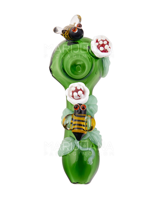 Leaf And Bee Spoon Hand Pipe | 5in Long - Glass - Green