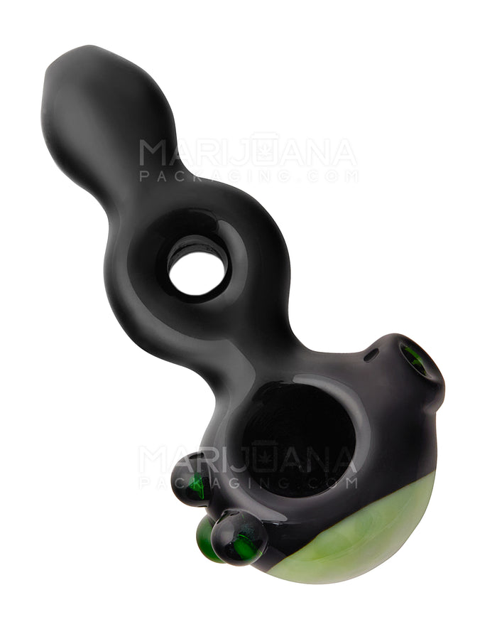 Horsehoe Mouthpiece Spoon Hand Pipe w/ Triple Knockers | 5.25in Long - Glass - Black Image