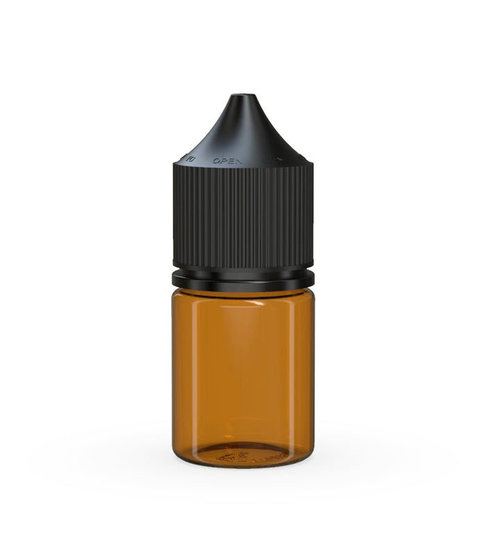 CHUBBY GORILLA Child Resistant Stubby Unicorn PET Dropper Bottles Amber | 20mL - w/ Black Lid | Sample Image