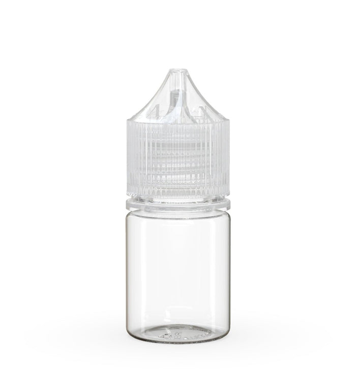 CHUBBY GORILLA Child Resistant Stubby Unicorn PET Dropper Bottles Clear | 20mL - w/ Clear Lid | Sample Image