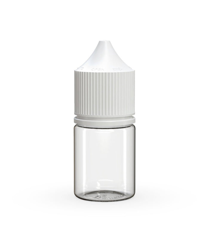 CHUBBY GORILLA Child Resistant Stubby Unicorn PET Dropper Bottles Clear | 20mL - w/ White Lid | Sample Image