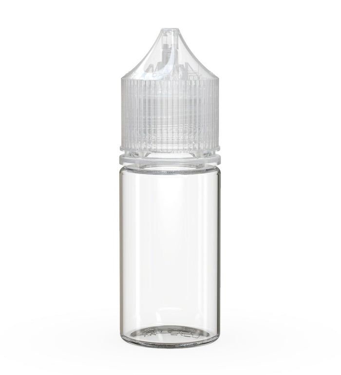 CHUBBY GORILLA Child Resistant Stubby Unicorn PET Dropper Bottles Clear | 30mL - w/ Clear Lid | Sample Image