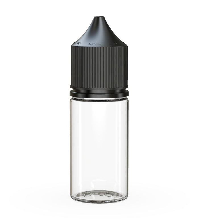 CHUBBY GORILLA Child Resistant Stubby Unicorn PET Dropper Bottles Clear | 30mL - w/ Black Lid | Sample Image