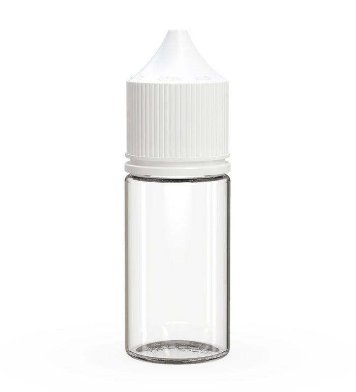 CHUBBY GORILLA Child Resistant Stubby Unicorn PET Dropper Bottles Clear | 30mL - w/ White Lid | Sample Image