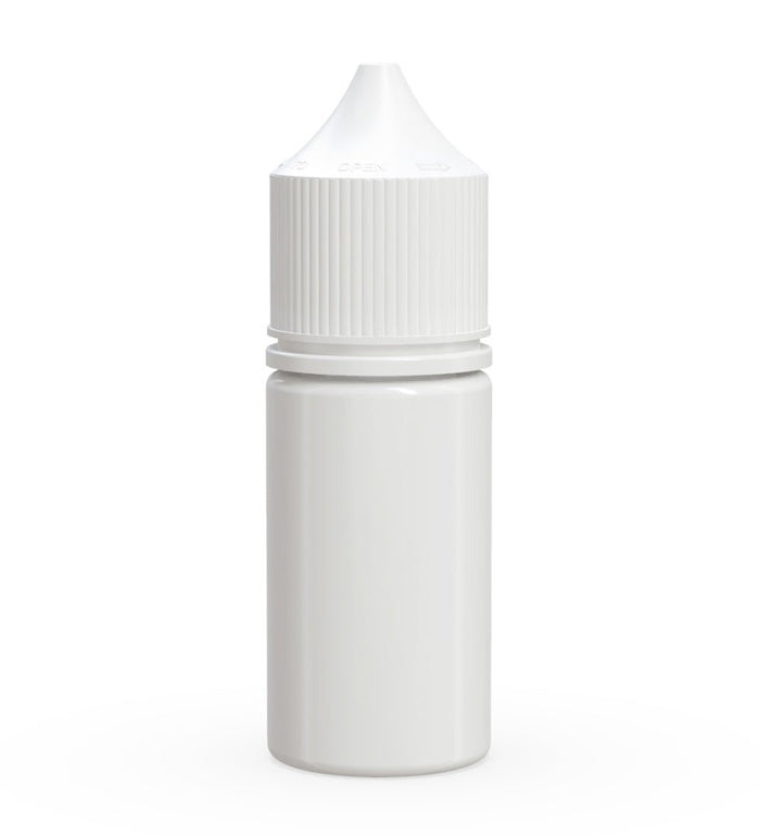 CHUBBY GORILLA Child Resistant Stubby Unicorn PET Dropper Bottles White | 30mL - w/ White Lid | Sample Image