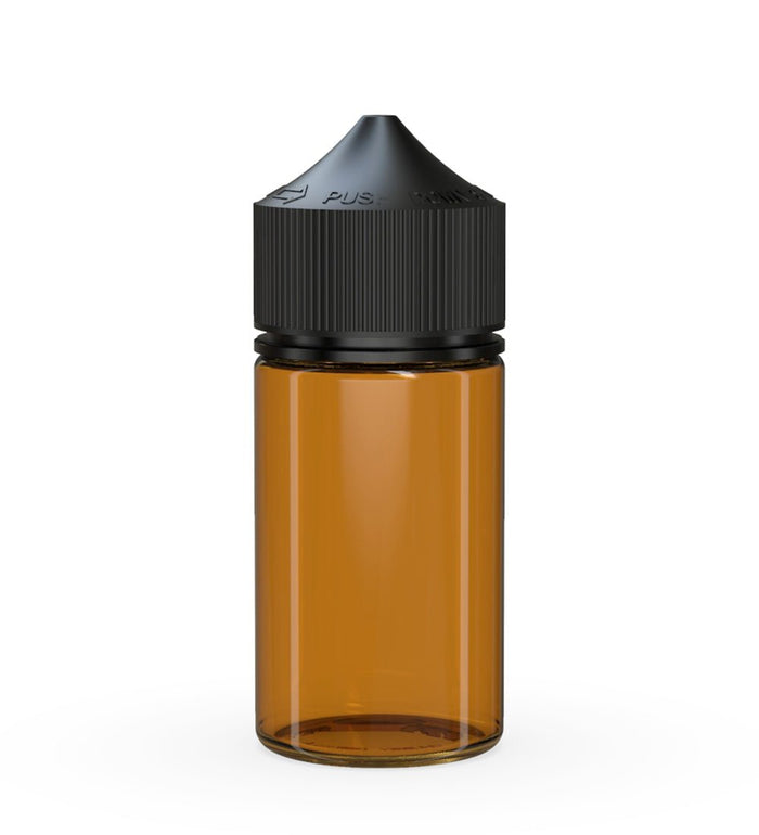 CHUBBY GORILLA Child Resistant Mini Unicorn PET Dropper Bottles Amber | 60mL - w/ Black Lid | Sample Image