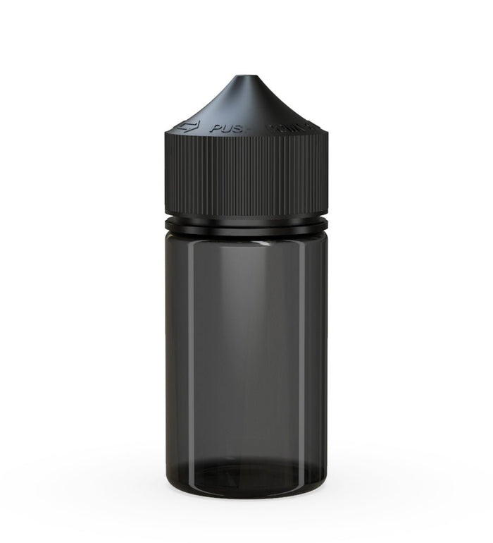 CHUBBY GORILLA Child Resistant Mini Unicorn PET Dropper Bottles Transparent Black | 60mL - w/ Black Lid | Sample Image