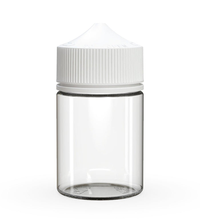 CHUBBY GORILLA Child Resistant Stubby Unicorn PET Dropper Bottles Clear | 60mL - w/ White Lid | Sample Image