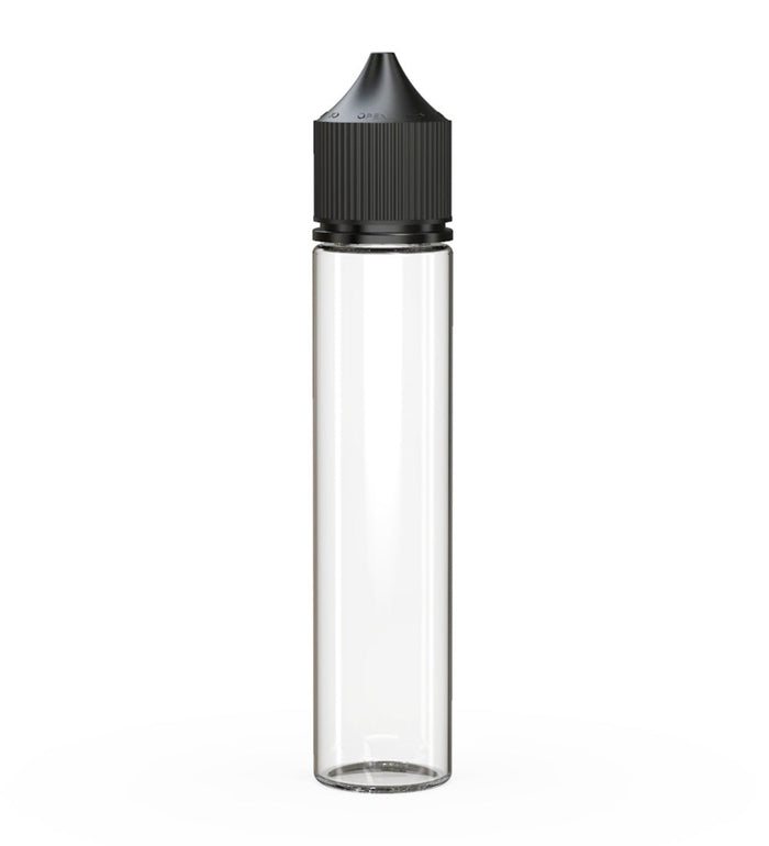 CHUBBY GORILLA Child Resistant Unicorn V3 PET Dropper Bottles w/ Black Lid | 75mL - Clear | Sample Image