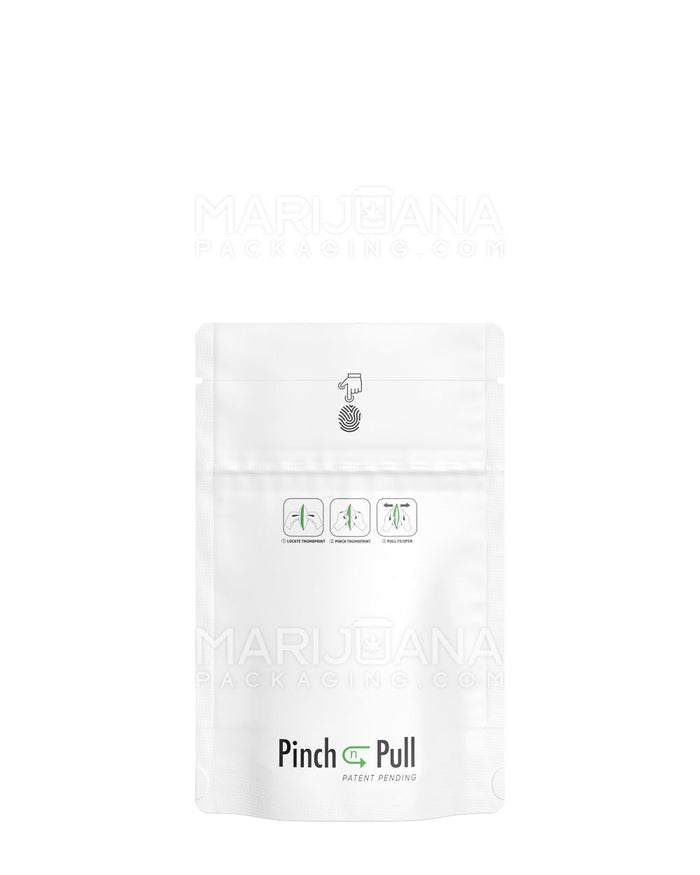 Child Resistant & Tamper Evident Pinch N Pull Matte White Mylar Bags | 3.6in x 5.8in - 3.5g | Sample Image