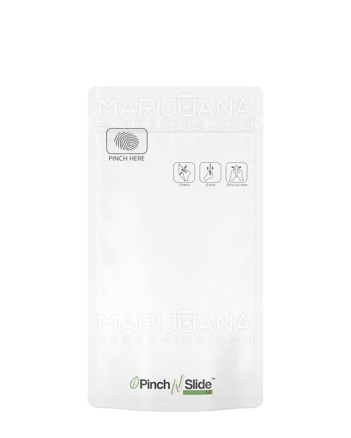 Child Resistant & Tamper Evident Pinch N Slide 3.0 Matte White PCR Mylar Bags | 4in x 7.4in - 7g | Sample Image