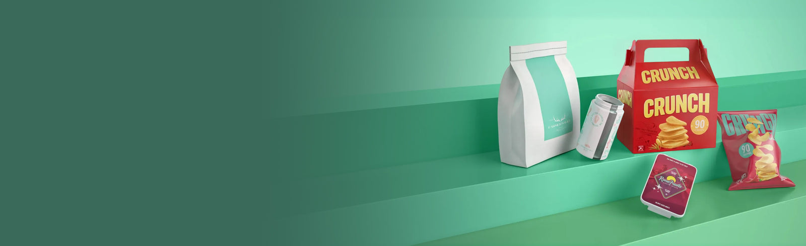 Assorted Crunch snack packaging on a green background