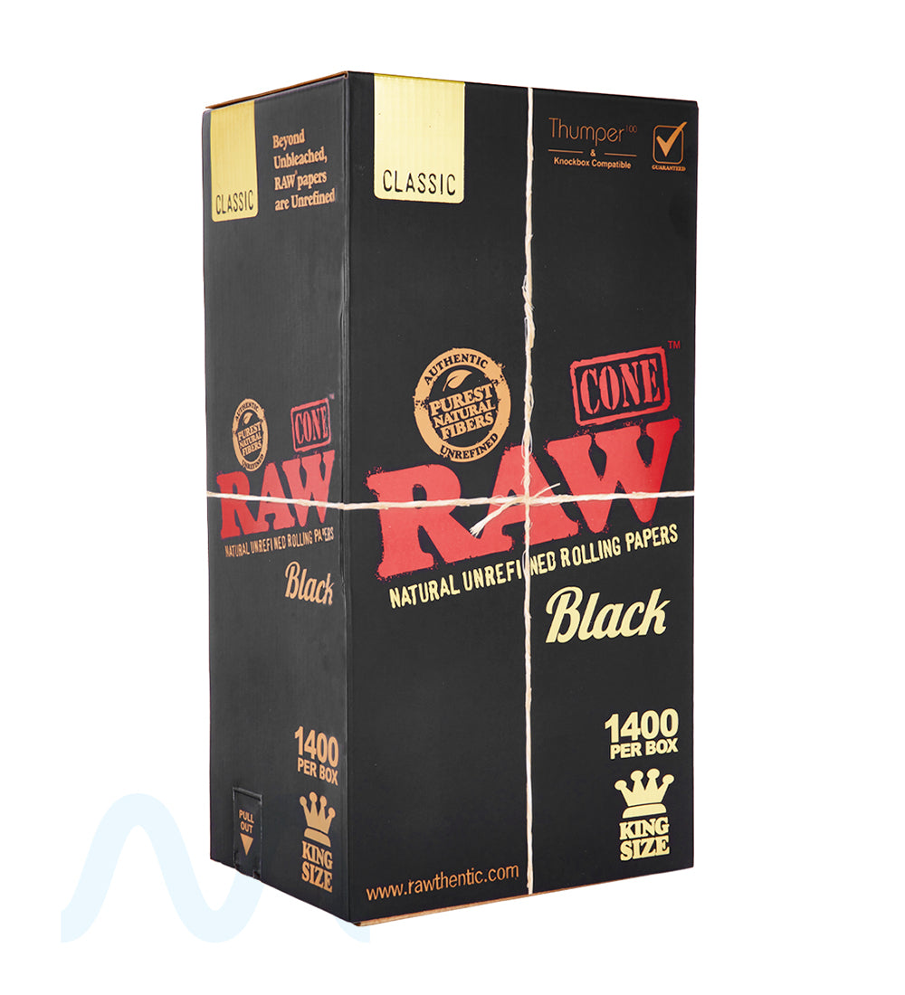 RAW | Black Classic King Size Pre-Rolled Cones | 109mm - Unbleached Paper - 1400 Count