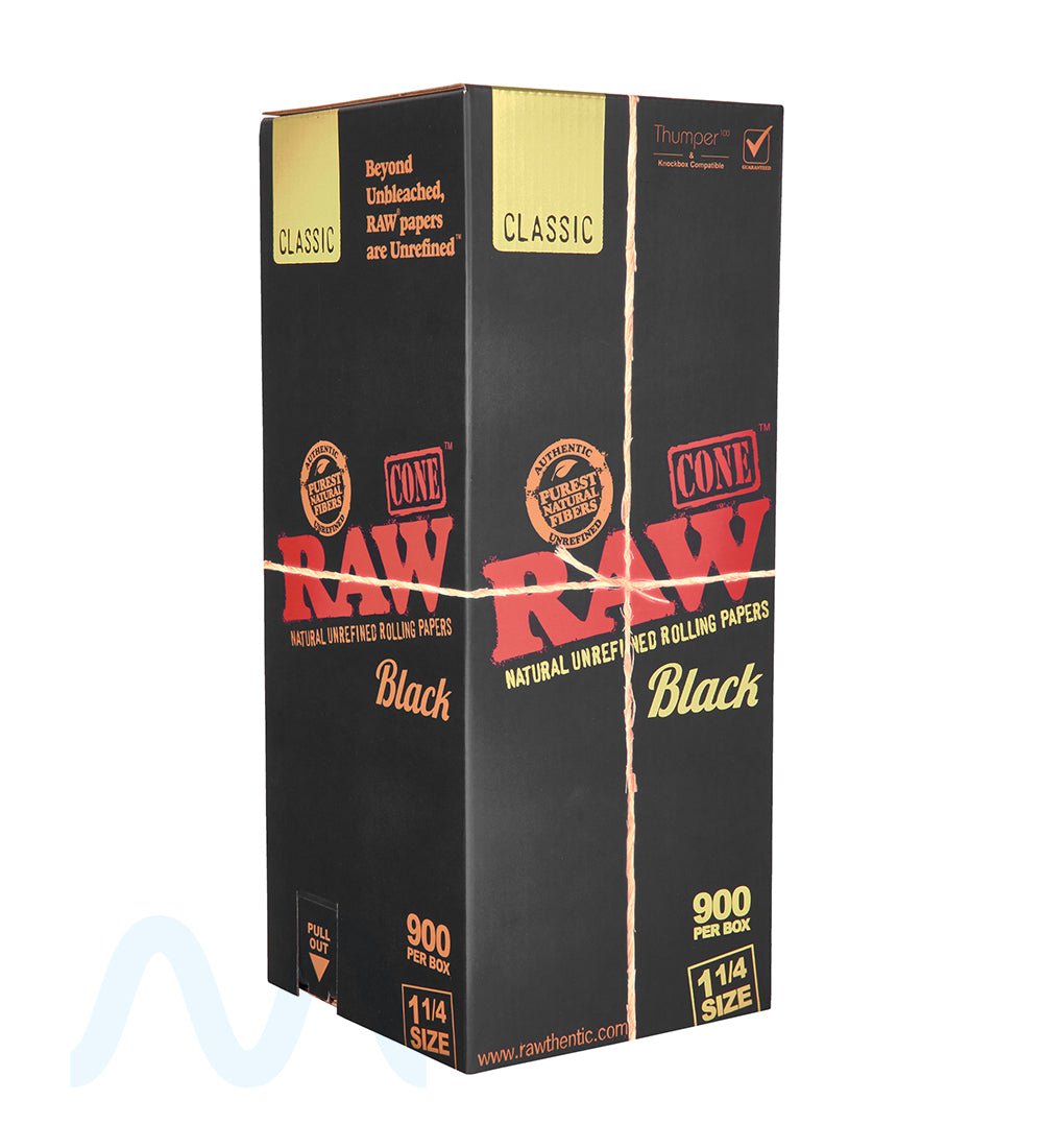 RAW | Black Classic 1 1/4 Size Pre - Rolled Cones | 84mm  - Unbleached Paper - 900 Count - 1