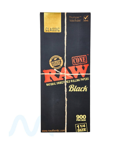 RAW | Black Classic 1 1/4 Size Pre - Rolled Cones | 84mm  - Unbleached Paper - 900 Count - 2