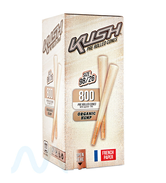 KUSH | Organic 98 Special Size Pre-Rolled Cones w/ Filter Tip | 98mm - Organic Hemp Paper - 800 Count