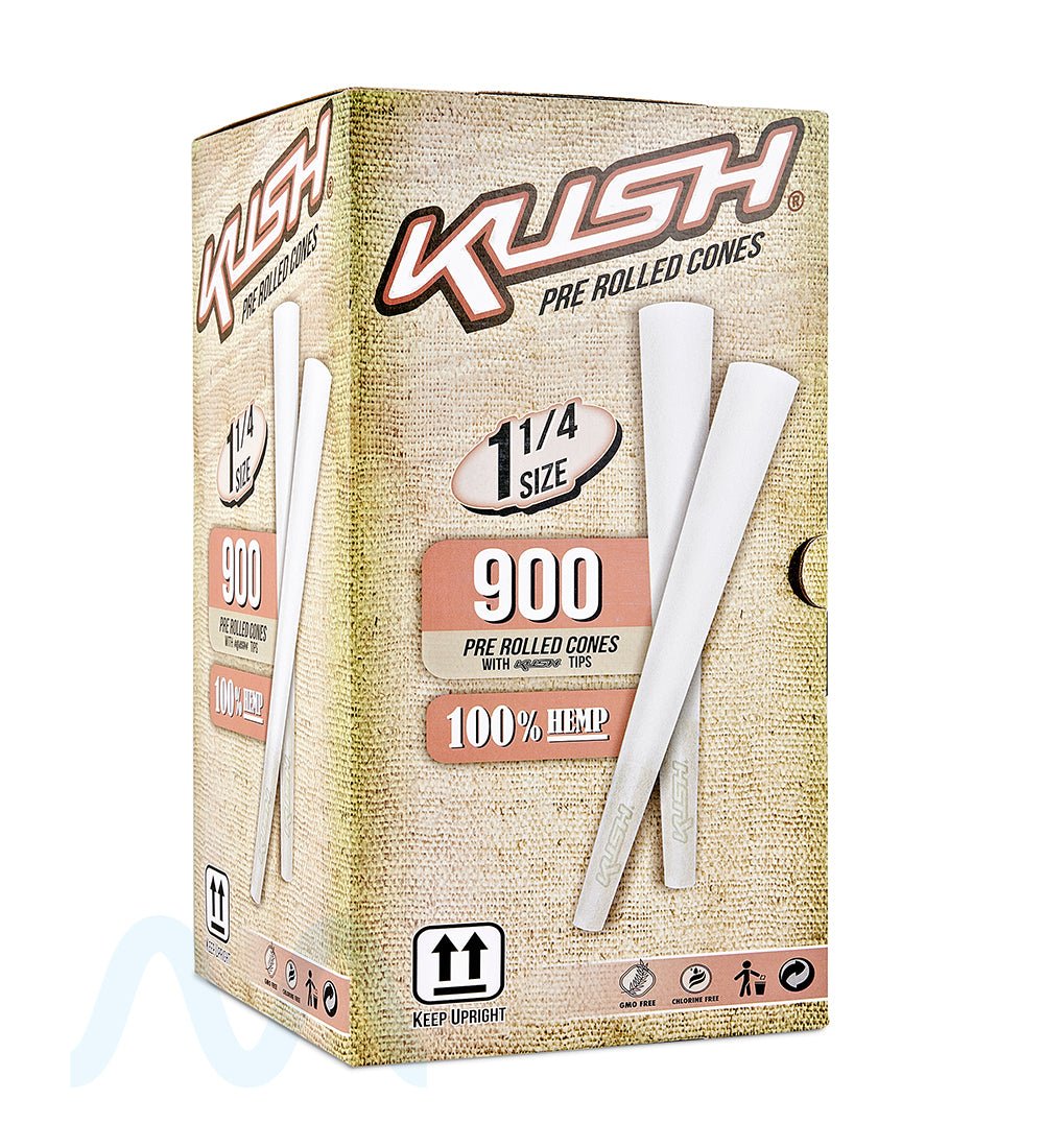 KUSH | 1 1/4 Size Bleached Pre - Rolled Cones w/ Filter Tip | 84mm - Hemp Paper - 900 Count - 1