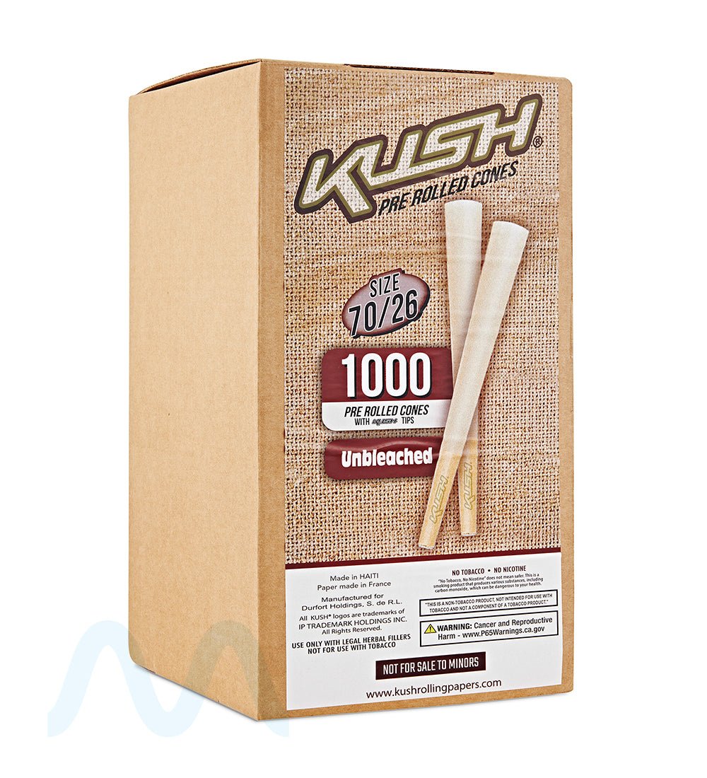 KUSH | Dogwalker Size Unbleached Pre - Rolled Cones w/ Filter Tip | 70mm - Brown Paper - 1000 Count - 1