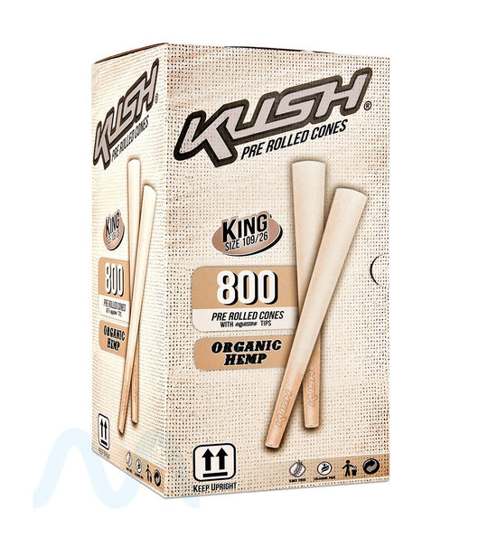 KUSH | Organic King Size Pre - Rolled Cones w/ Filter Tip | 109mm - Organic Hemp Paper - 800 Count - 1