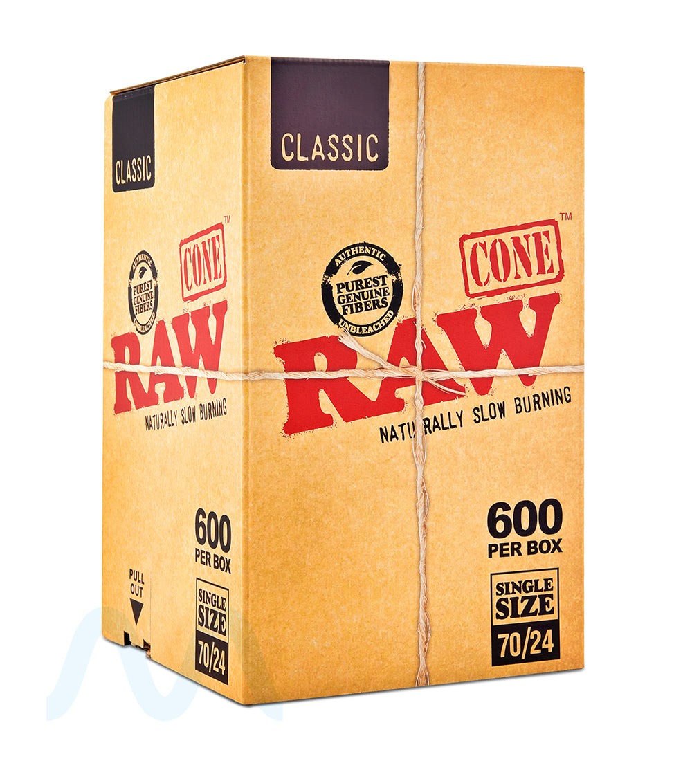 RAW | Classic Single Size Pre-Rolled Cones | 70mm - Unbleached Paper - 600 Count