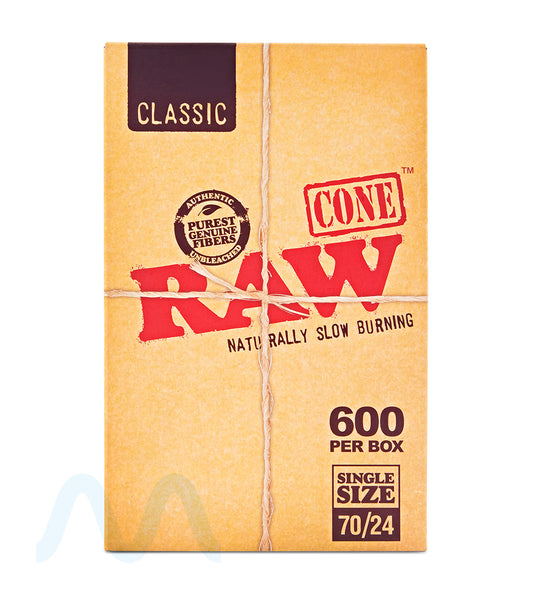 RAW | Classic Single Size Pre-Rolled Cones | 70mm - Unbleached Paper - 600 Count