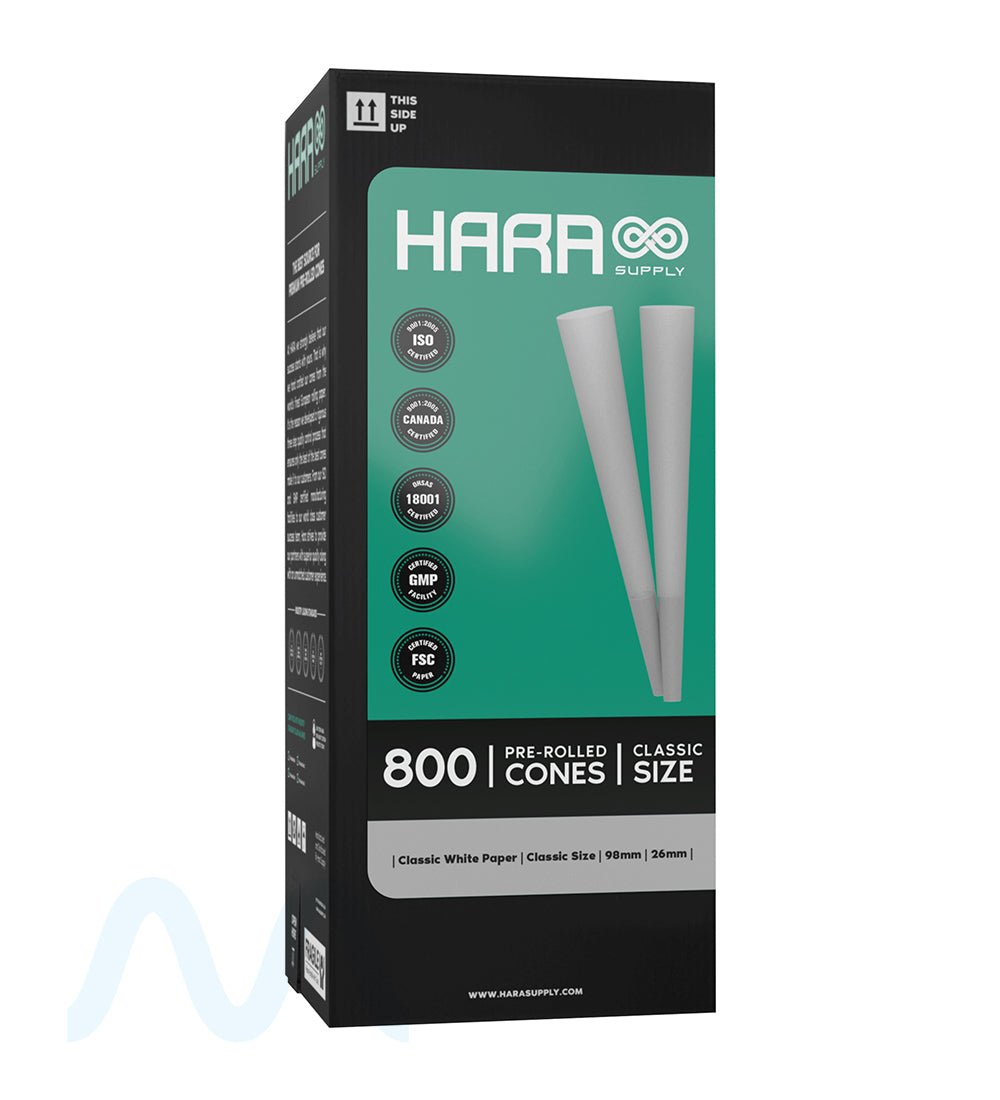 Hara Supply | Classic Size Bleached Pre - Rolled Cones w/ Filter Tip | 98mm - Bleached Paper - 800 Count - 1