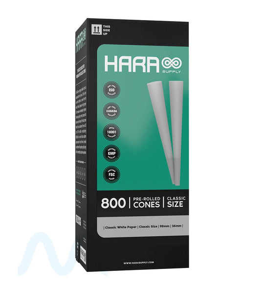 Hara Supply | Classic Size Bleached Pre - Rolled Cones w/ Filter Tip | 98mm - Bleached Paper - 800 Count - 1