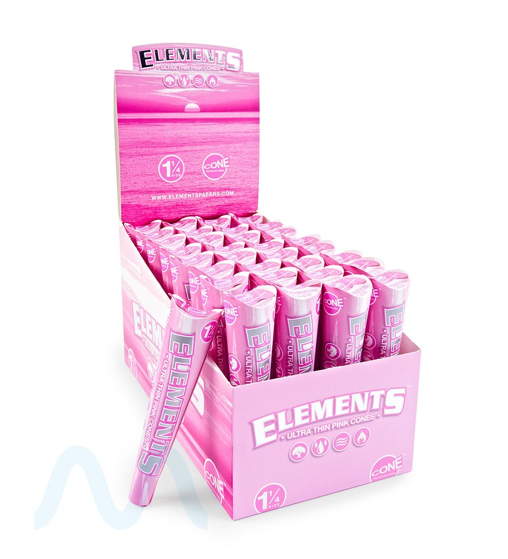 ELEMENTS | 'Retail Display' 1 1/4 Size Ultra Thin Pre - Rolled Cones | 84mm  - Pink Rice Paper - 32 Count - 1