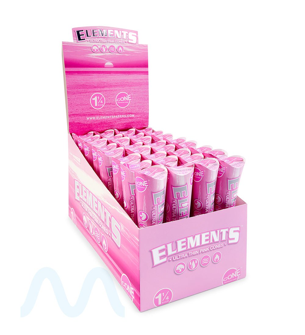 ELEMENTS | 'Retail Display' 1 1/4 Size Ultra Thin Pre - Rolled Cones | 84mm  - Pink Rice Paper - 32 Count - 6