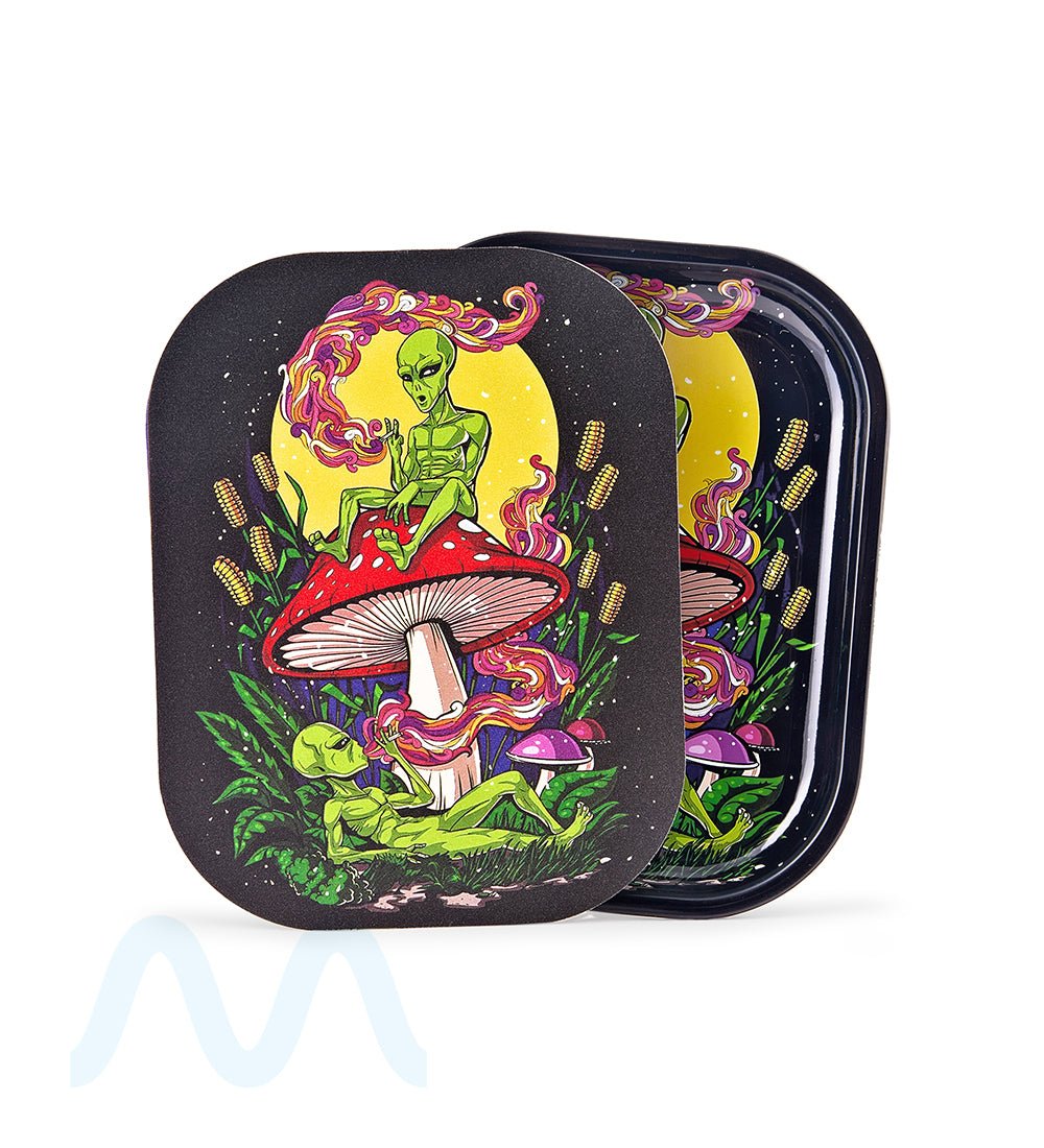 Alien Mushroom Rolling Tray w/ Magnetic Cover | 7in x 5.5in - Mini - Metal - 1