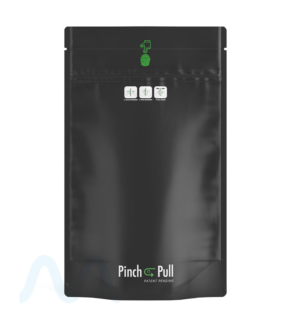 Child Resistant & Tamper Evident | Pinch N Pull Matte Black Mylar Bags | 6in x 9.8in - 28g - 250 Count - 1