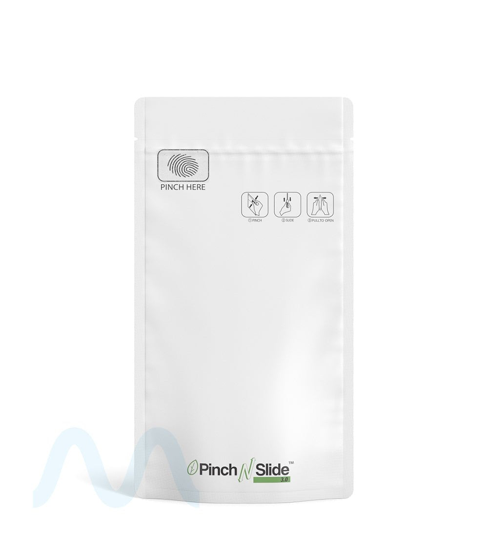 Child Resistant & Tamper Evident | Pinch N Slide 3.0 Matte White PCR Mylar Bags | 4in x 7.4in - 7g - 250 Count - 1