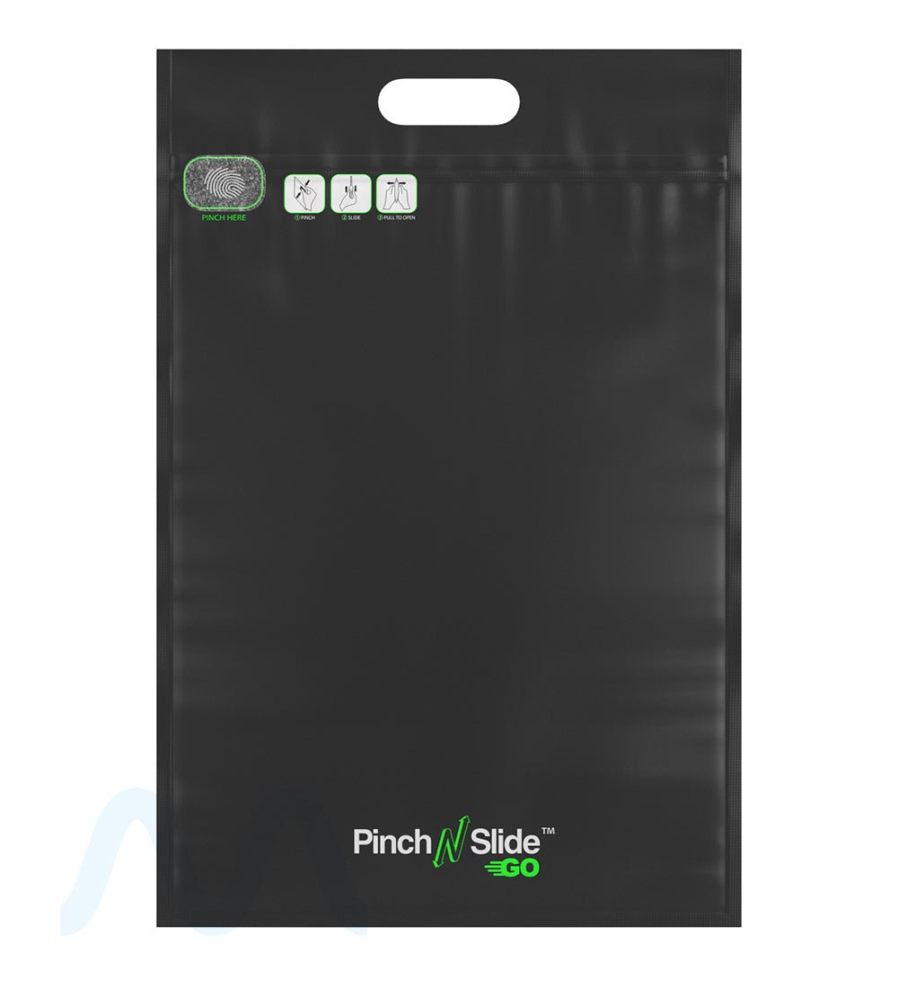 Child Resistant | Pinch N Slide Go Matte Black Mylar Exit Bags w/ Handles | 12in x 18in - 113g - 250 Count - 1