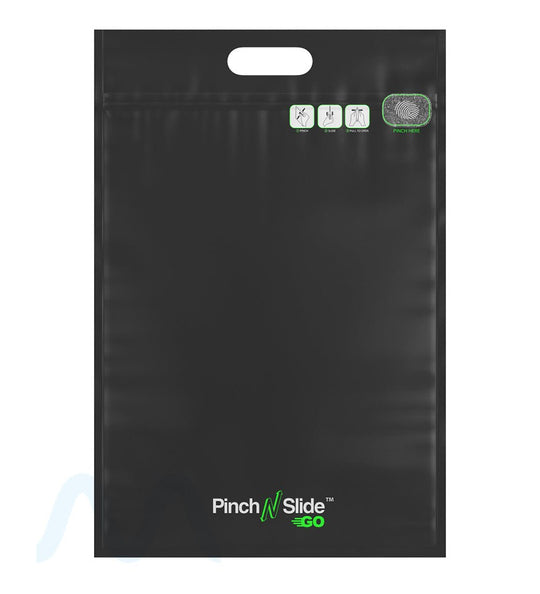 Child Resistant | Pinch N Slide Go Matte Black Mylar Exit Bags w/ Handles | 12in x 18in - 113g - 250 Count - 2