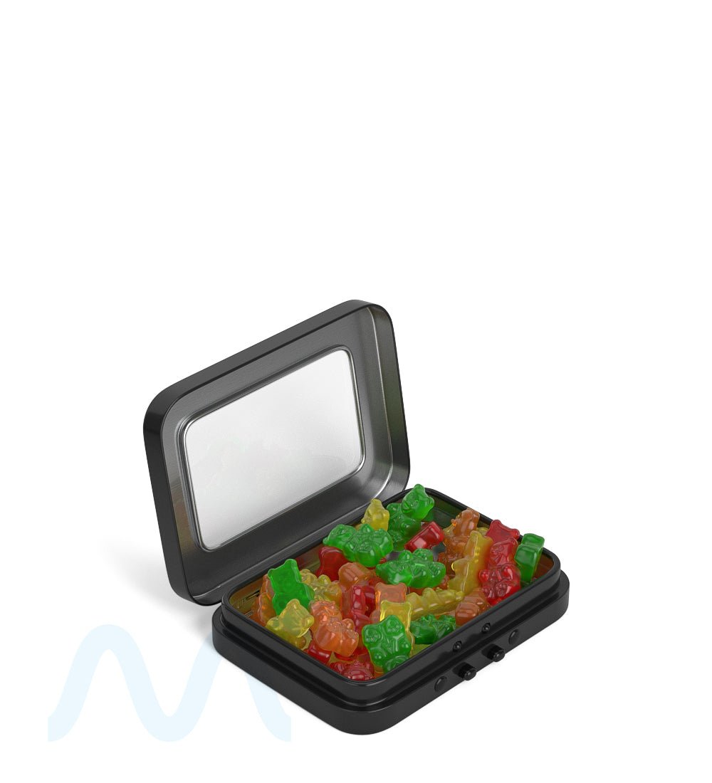 Child Resistant & Sustainable | Hinged - Lid Mini Size Vista Edible & Joint Box w/ See - Through Window | 80mm x 58mm - Black Tin - 100 Count - 7