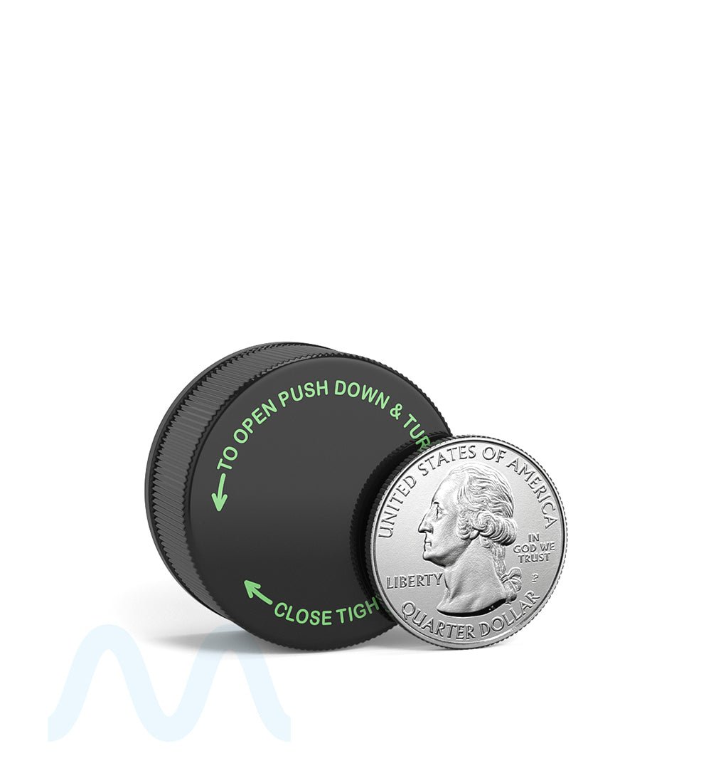 Child Resistant | Ribbed Push Down & Turn Plastic Caps w/ Foam Liner | 28mm - Glossy Black - 504 Count - 6