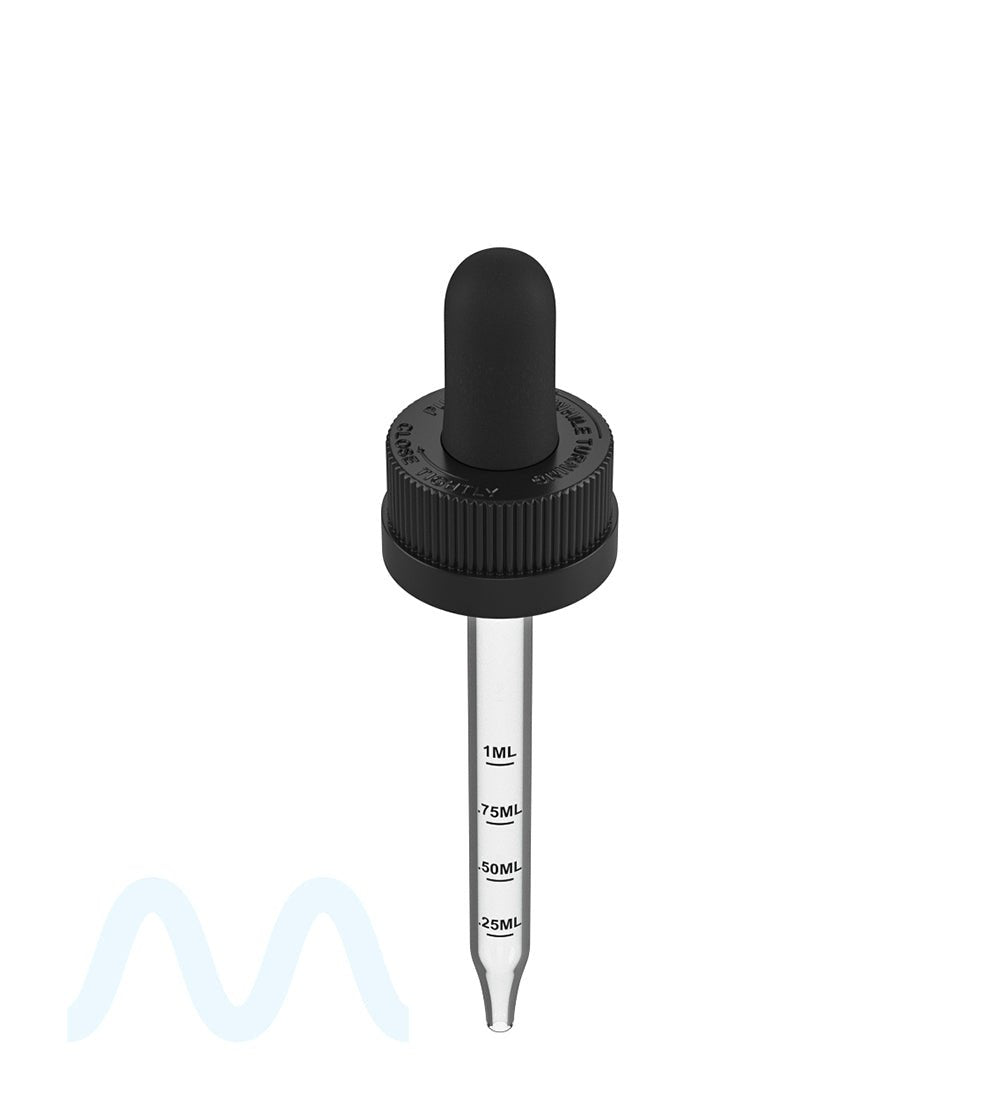 Child Resistant | Black Graduated Ribbed Glass Dropper Cap | 2oz - 1mL - 240 Count - 1