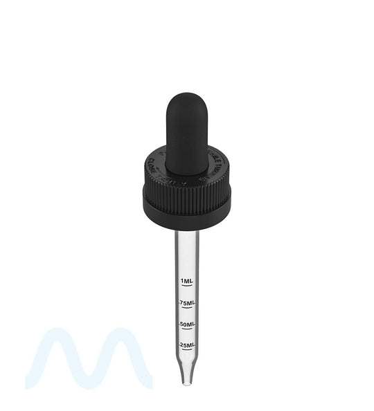 Child Resistant | Black Graduated Ribbed Glass Dropper Cap | 2oz - 1mL - 240 Count - 1