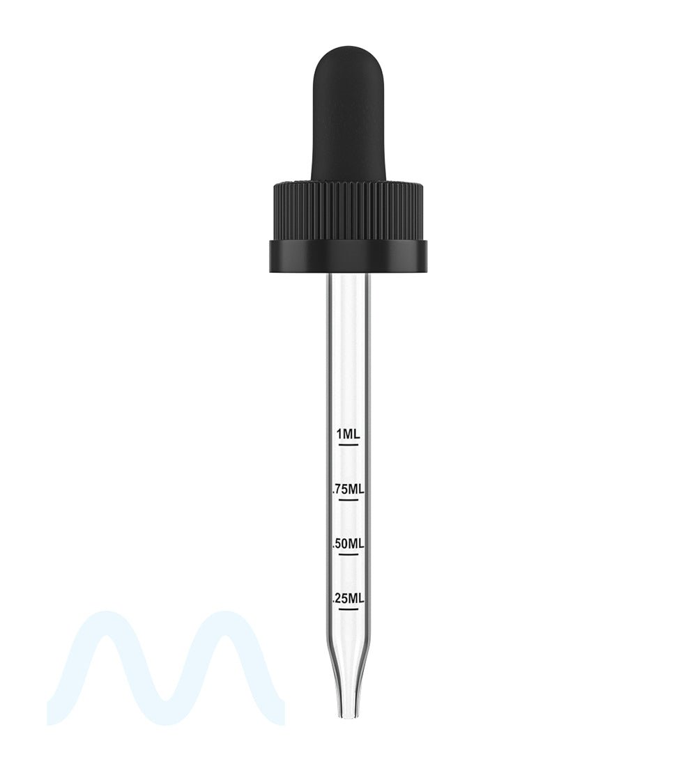 Child Resistant | Black Graduated Ribbed Glass Dropper Cap | 2oz - 1mL - 240 Count - 2