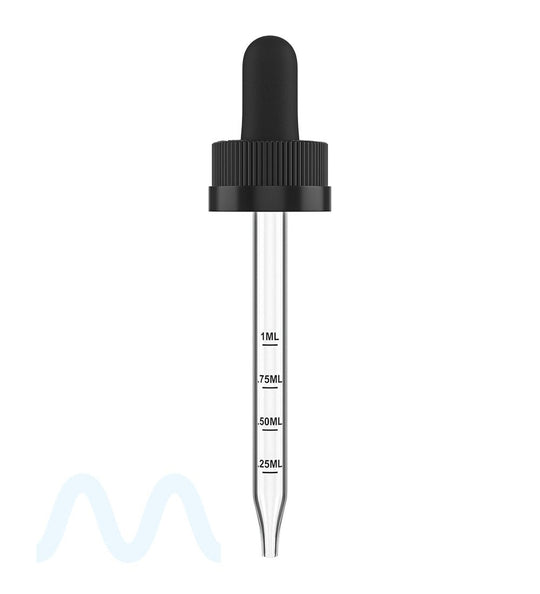 Child Resistant | Black Graduated Ribbed Glass Dropper Cap | 2oz - 1mL - 240 Count - 2